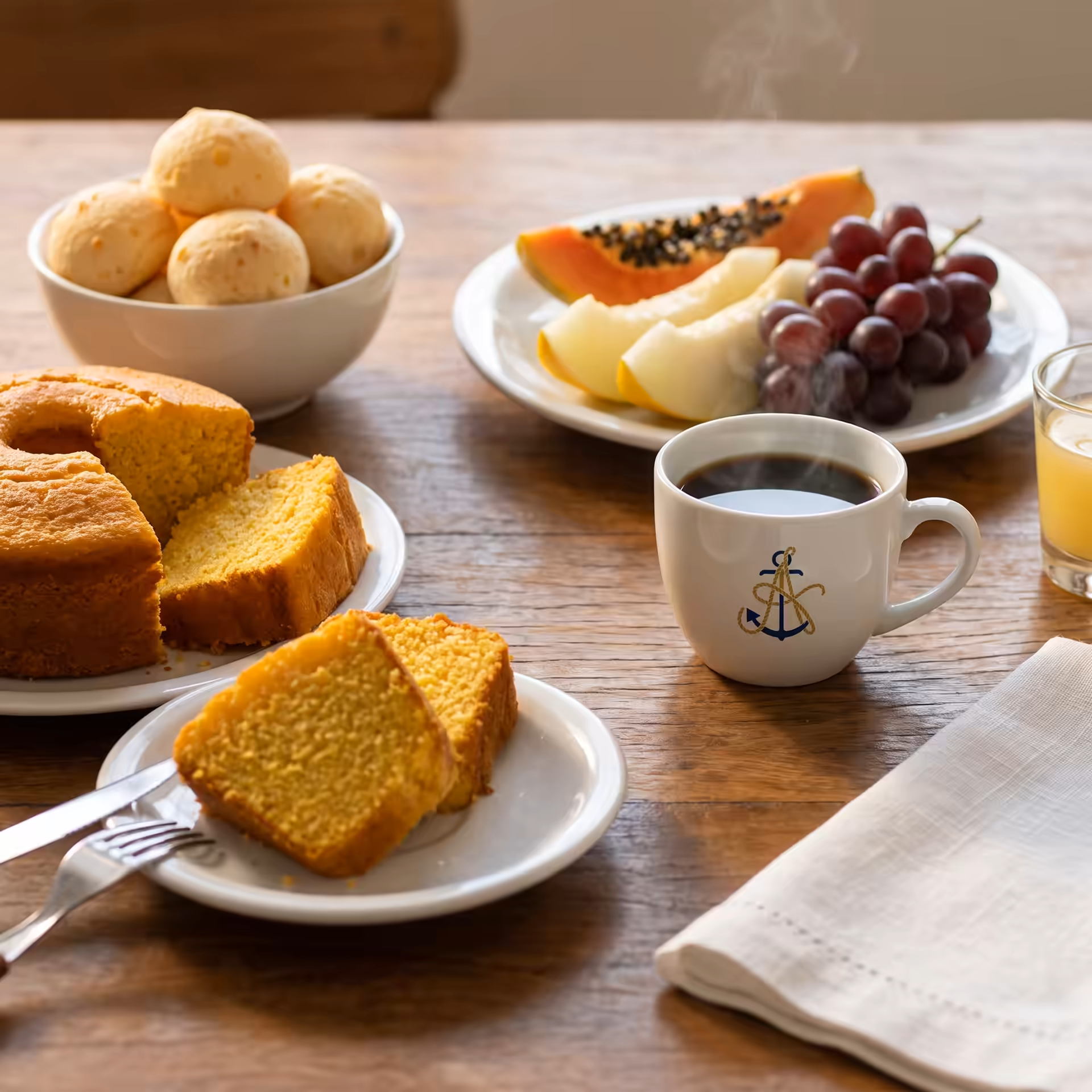 Mesa de café da manhã com bolo, frutas, pão de queijo e café na Pousada Aquino Mar